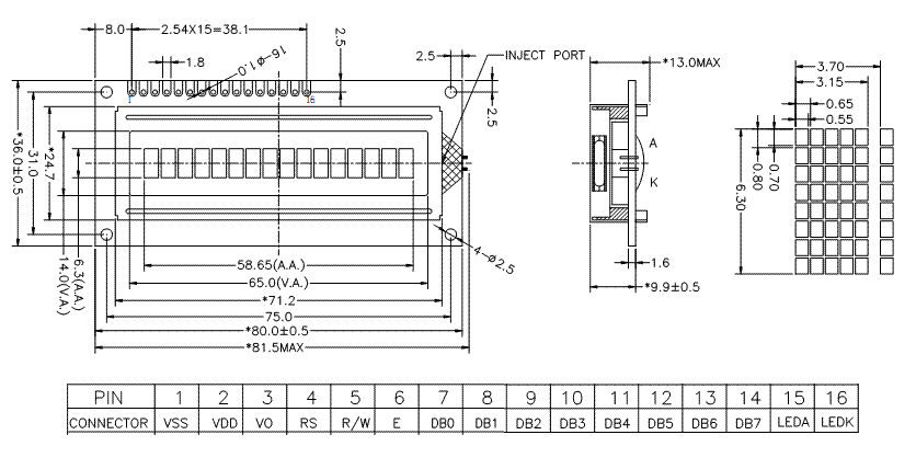 Rysunek techniczny LCD oraz opis wyprowadzeń.